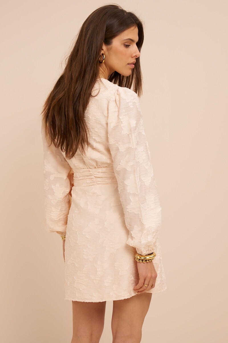 Beige wrap dress with long sleeves and floral print