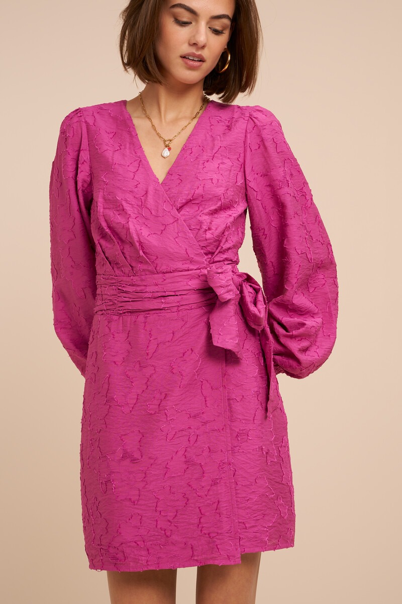 Pink wrap dress with long sleeves and floral print | My Jewellery