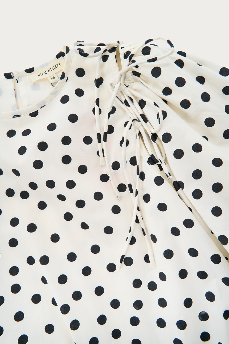 Black and white polka dot balloon top with bows and puff sleeves | My Jewellery