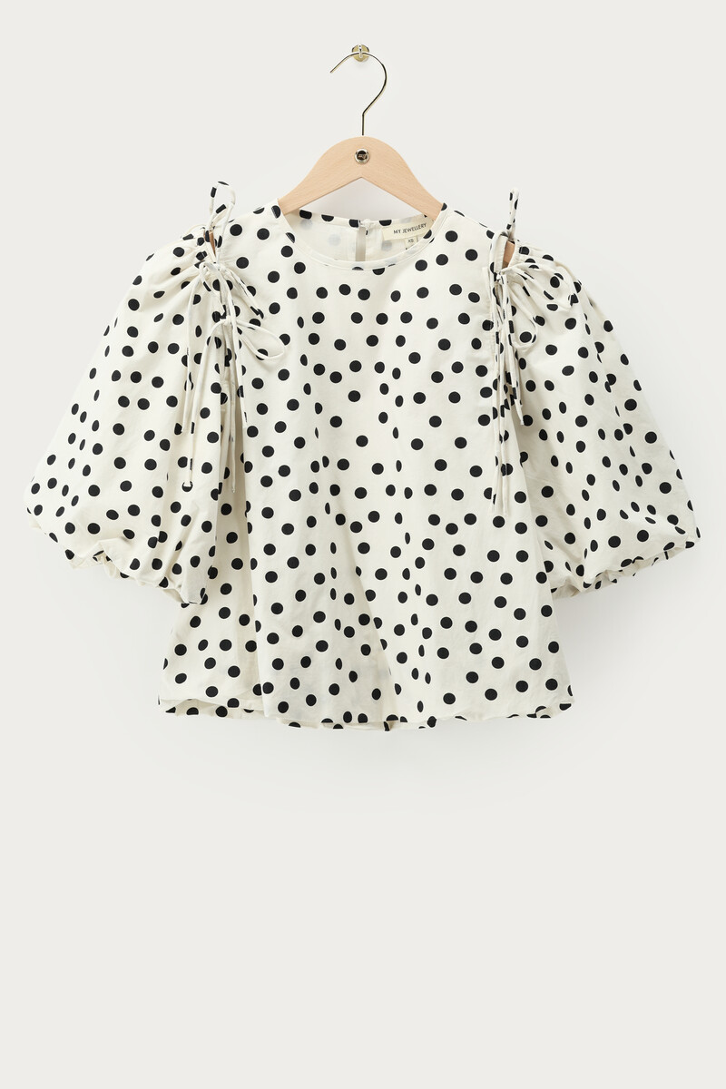 Black and white polka dot balloon top with bows and puff sleeves | My Jewellery