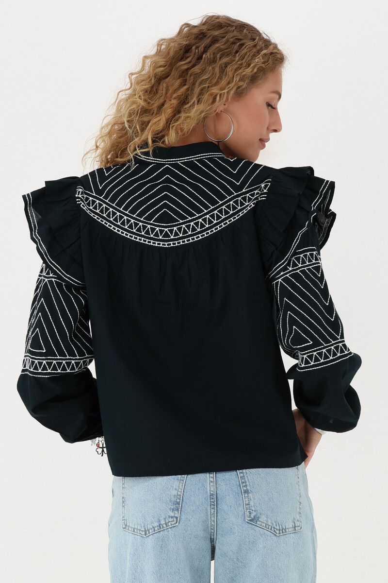 Black blouse with ruffle and embroidery | My Jewellery