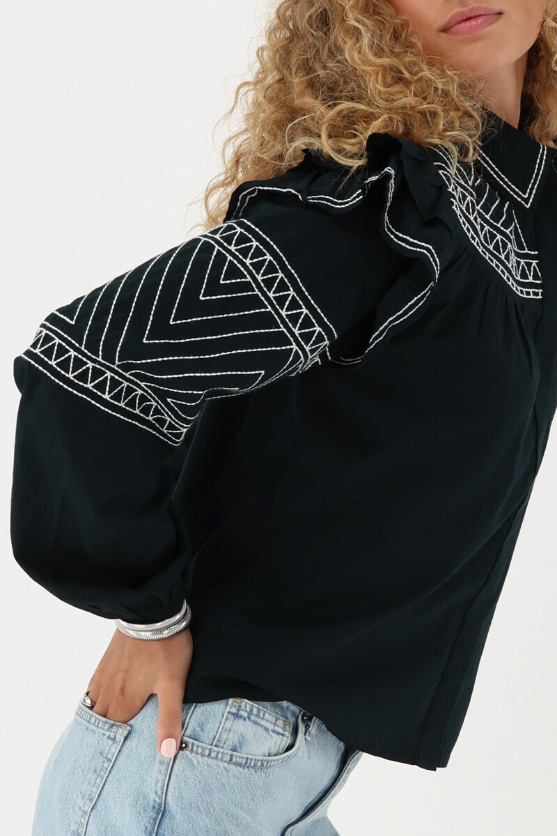 Black blouse with ruffle and embroidery  | My Jewellery