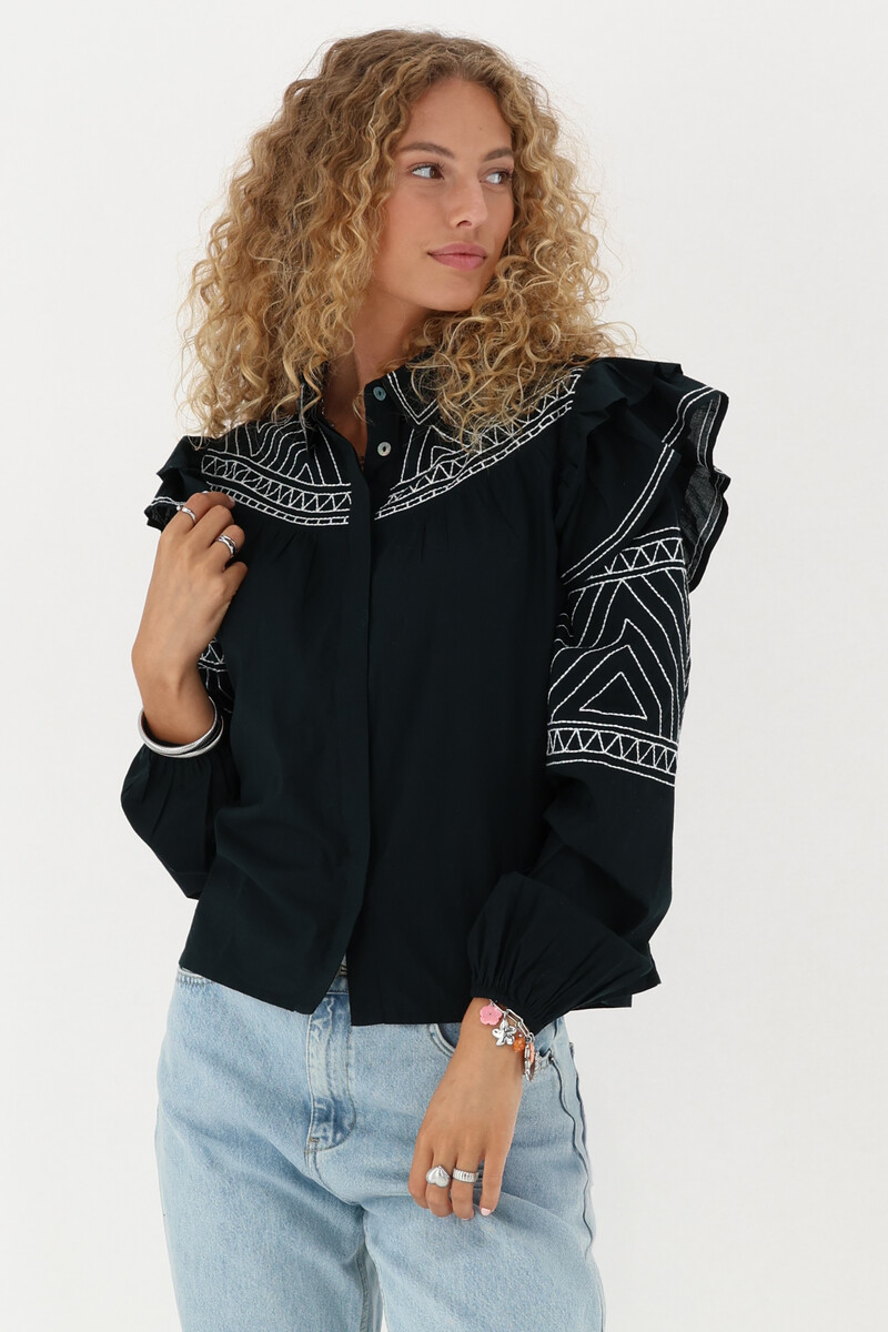 Black blouse with ruffle and embroidery  | My Jewellery