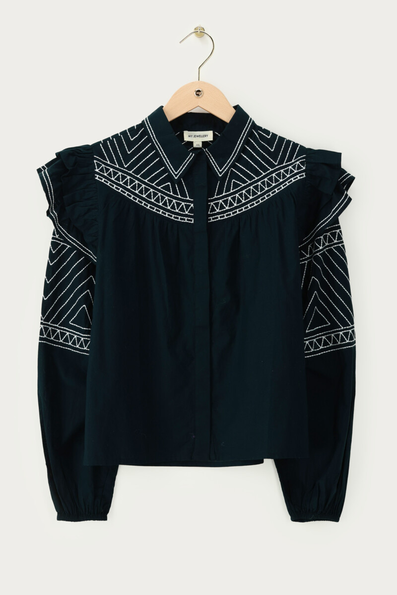 Black blouse with ruffle and embroidery | My Jewellery