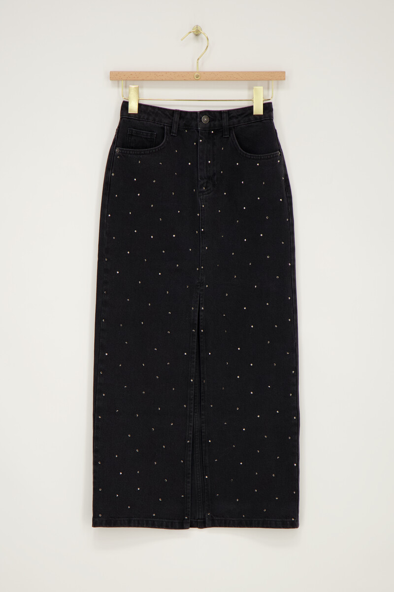 Black denim midi skirt with rhinestones | My Jewellery