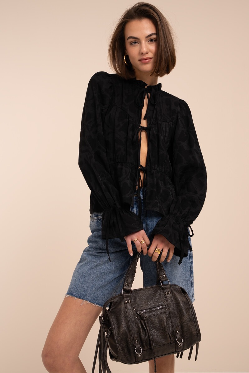 Black jacquard top with bows & ruffled sleeves | My Jewellery