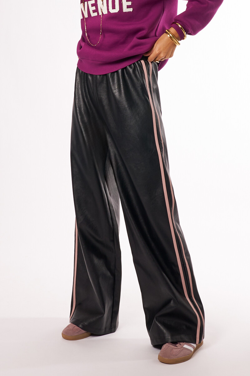 Black PU wide leg trousers with side stripes | My Jewellery