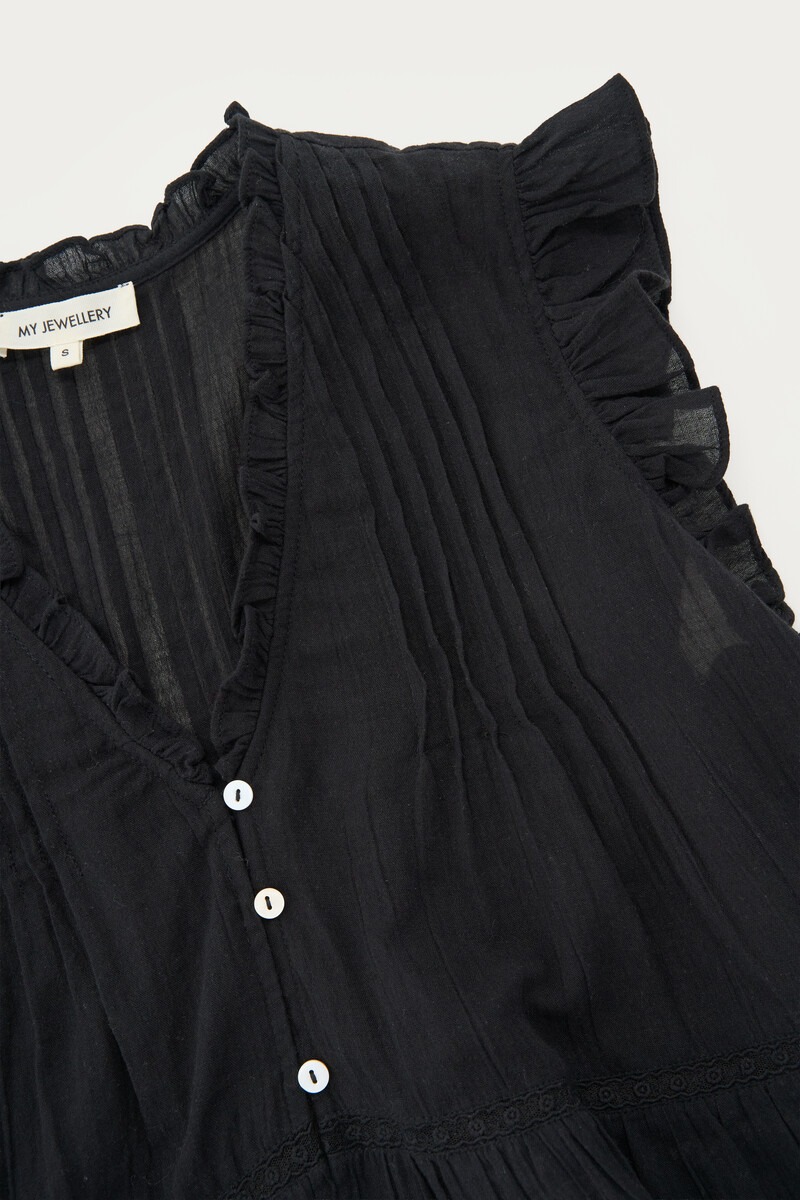Black sleeveless top with ruffles and a V-neck | My Jewellery