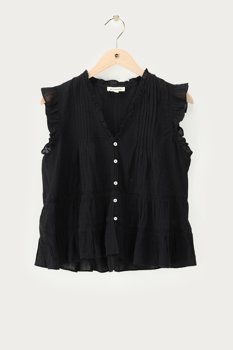 Black sleeveless top with ruffles and a V-neck | My Jewellery