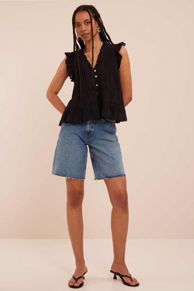 Black sleeveless top with ruffles and V-neck | My Jewellery