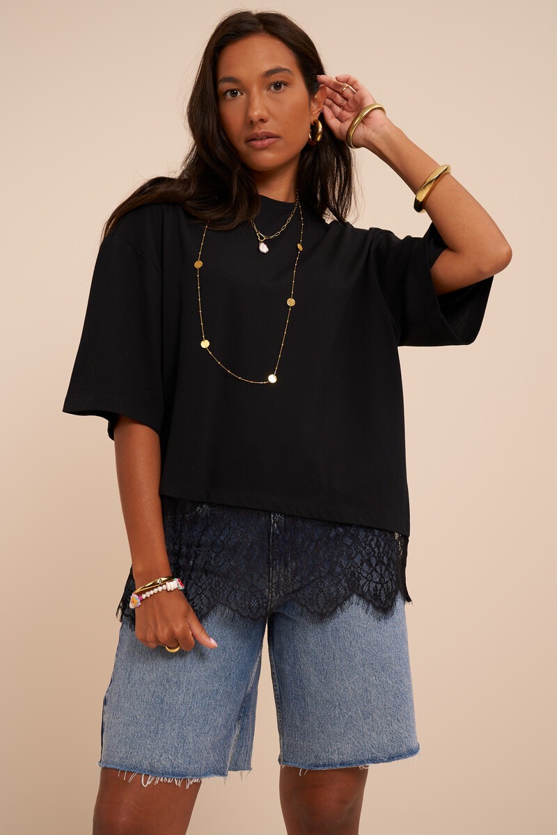 Black T-shirt with diagonal lace details | My Jewellery
