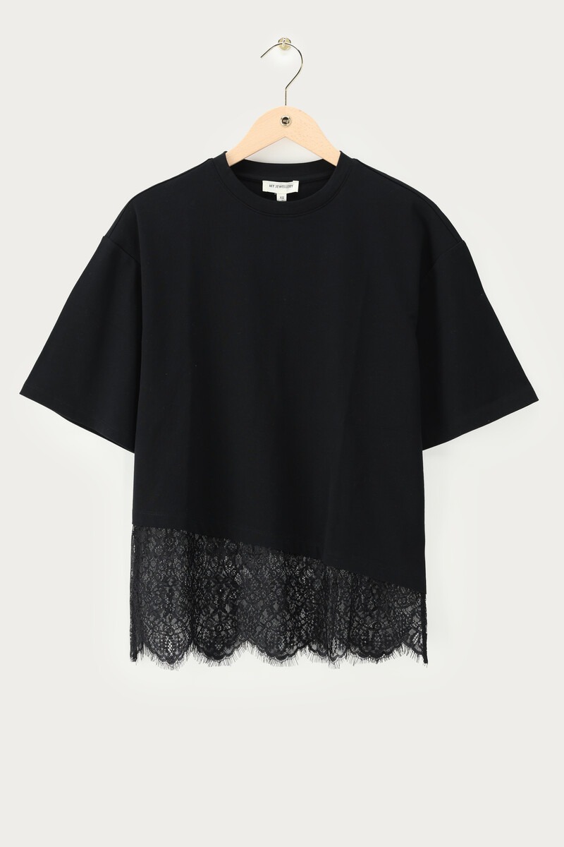 Black T-shirt with slanted lace detailing | My Jewellery