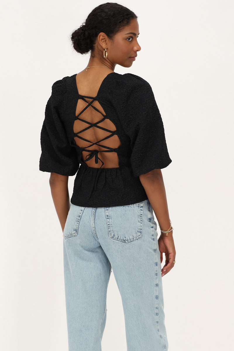 Black top with jacquard and peplum | My Jewellery