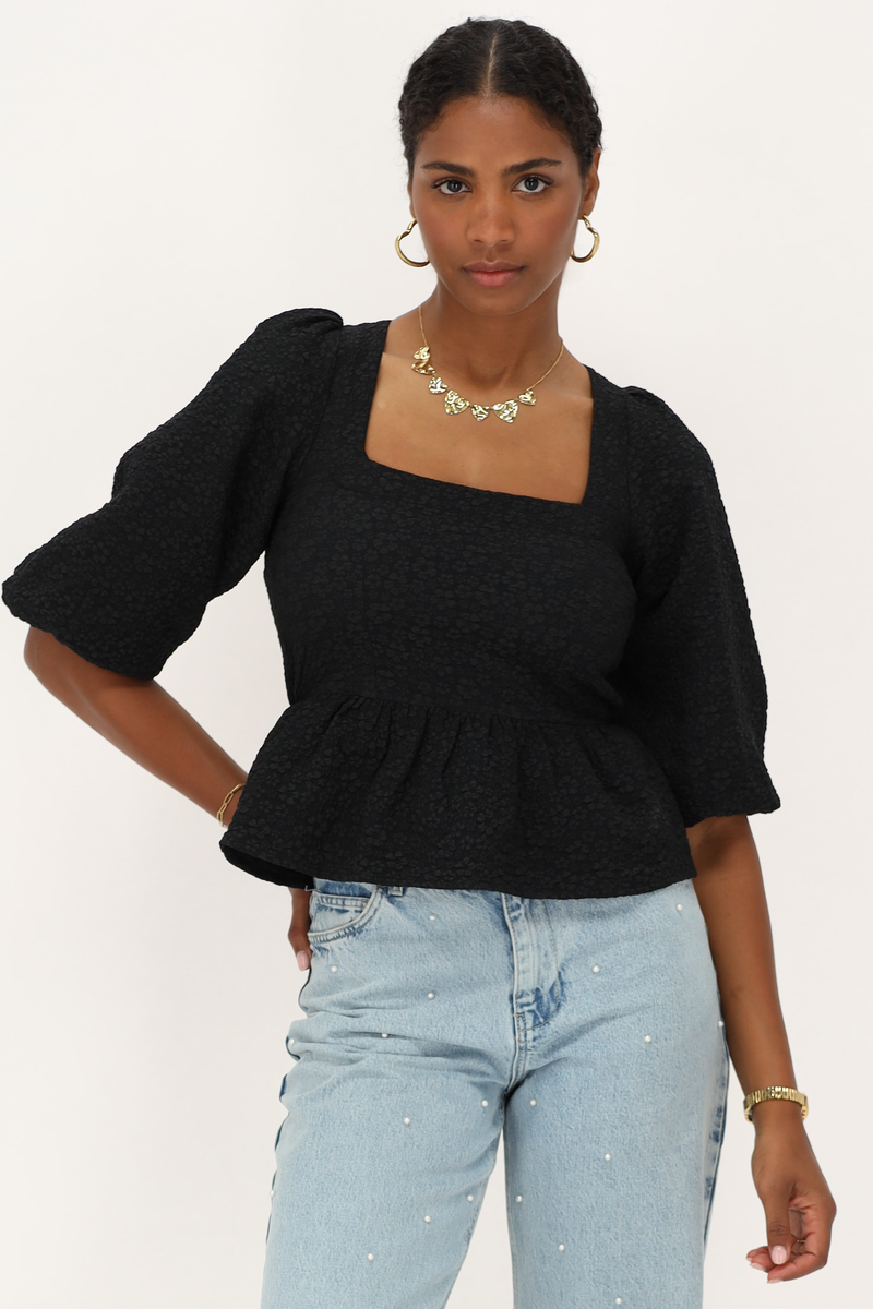 Black top with jacquard and peplum | My Jewellery