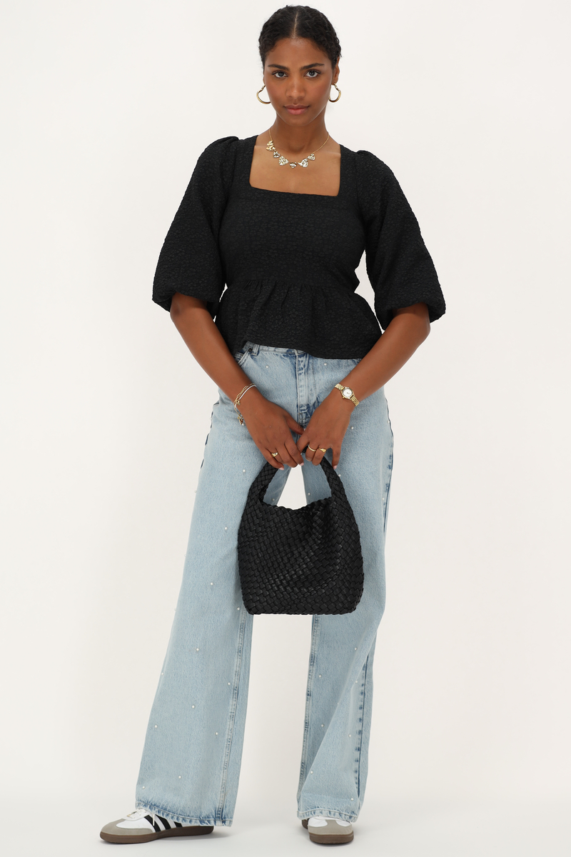 Black top with jacquard and peplum | My Jewellery