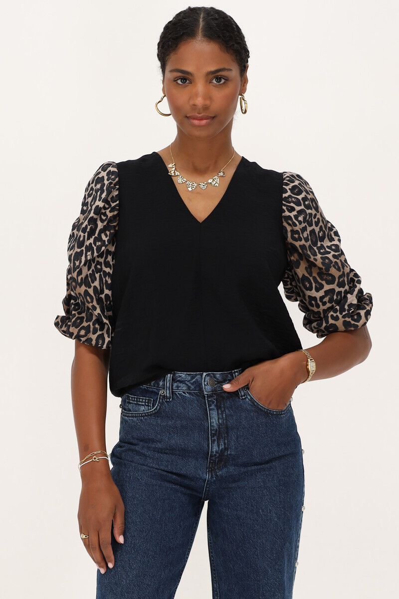 Black top with leopard print sleeves | My Jewellery