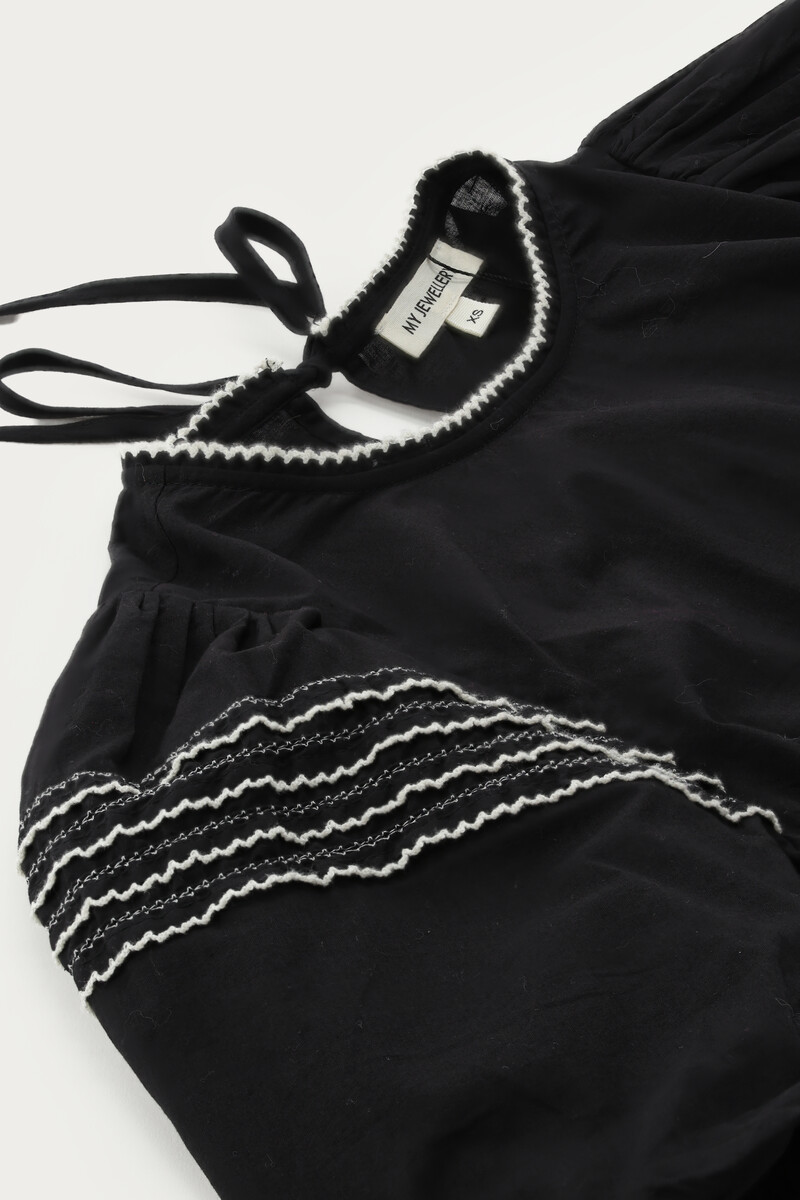 Black top with short puff sleeves & embroidery | My Jewellery