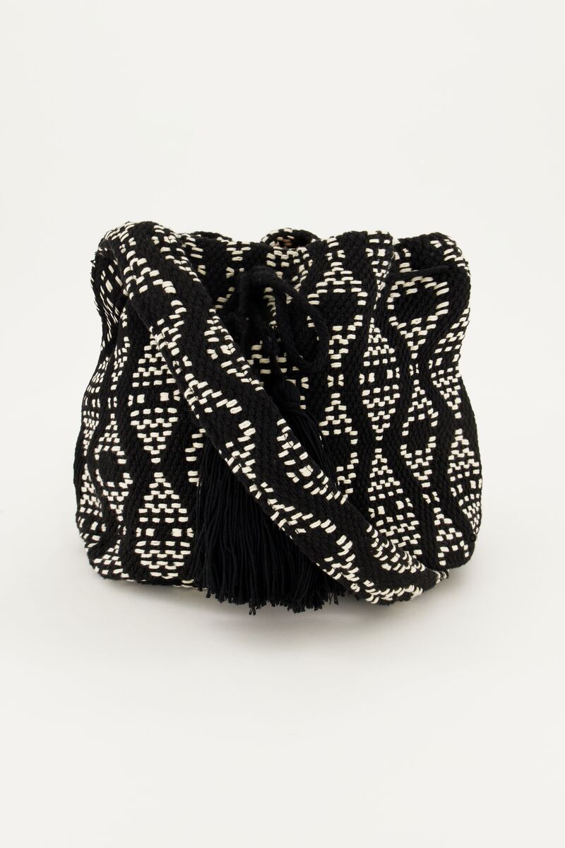 Black and white round shoulder bag with woven Aztec print | My Jewellery