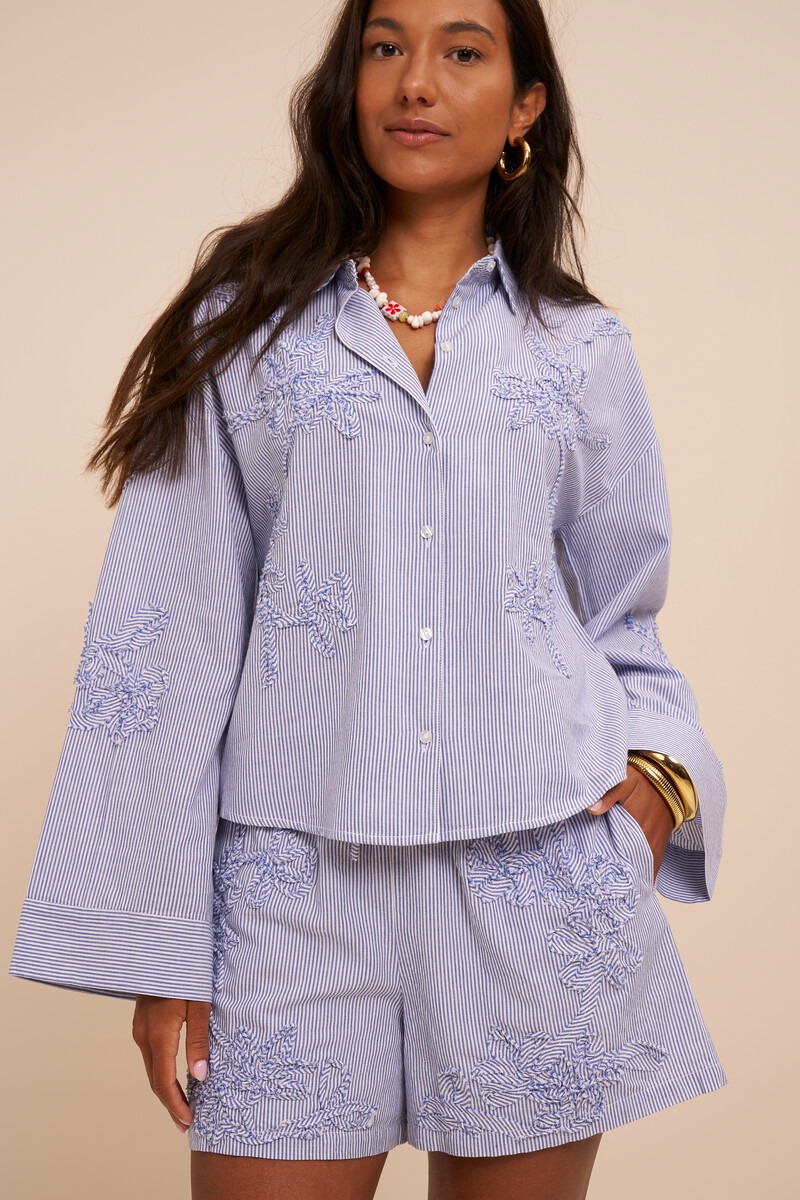 Blue and white striped blouse with embroidery details | My Jewellery