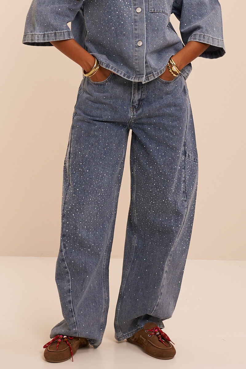 Blue barrel jeans with all-over rhinestones | My Jewellery