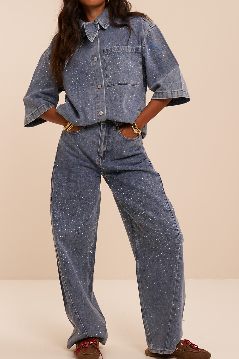 Blue barrel jeans with all-over rhinestones | My Jewellery