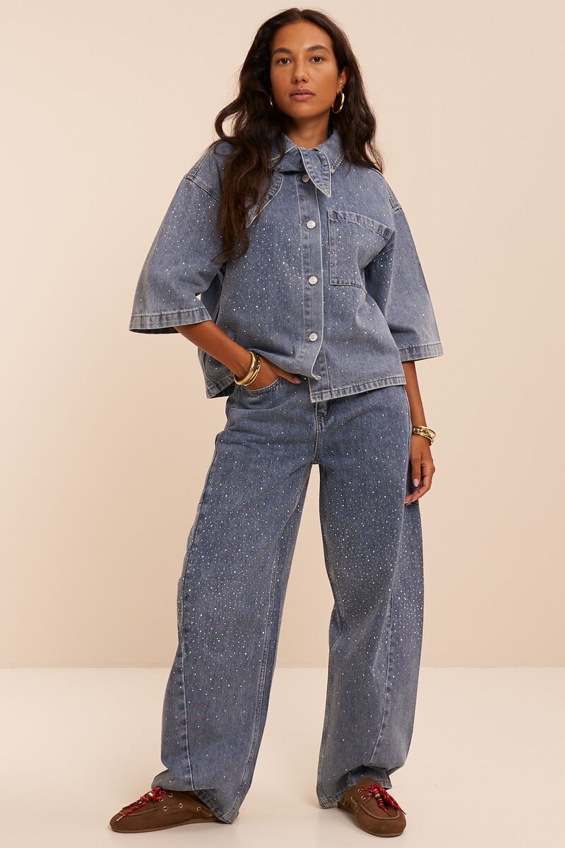 Blue barrel jeans with all-over rhinestones | My Jewellery