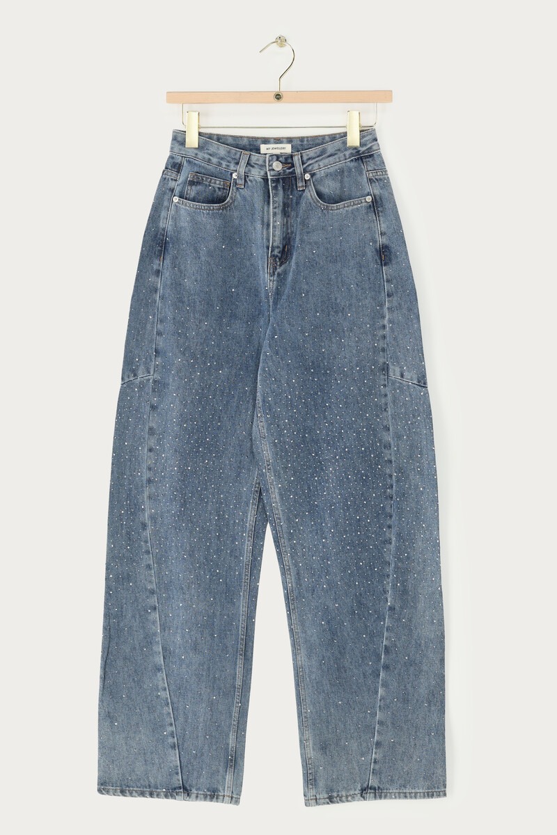 Blue barrel jeans with all-over rhinestones | My Jewellery