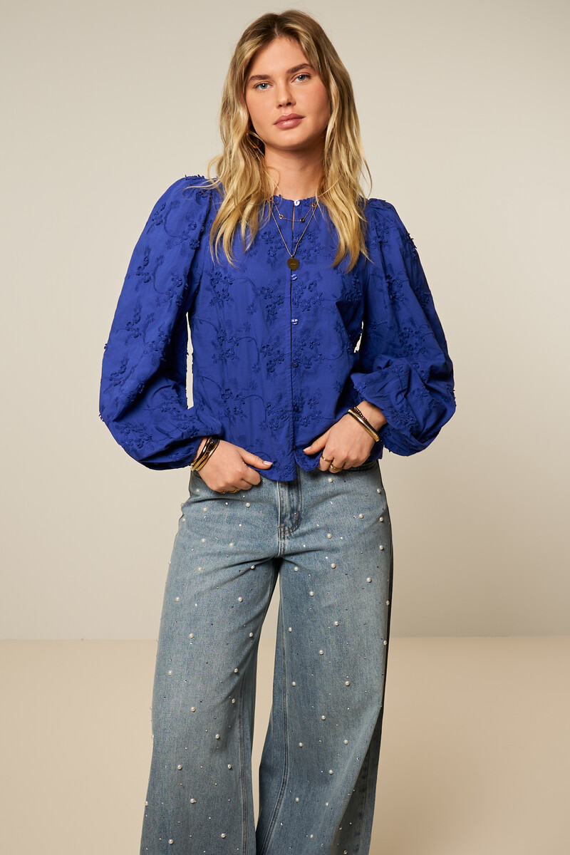 Blue blouse with trumpet sleeves and 3D flowers | My Jewellery