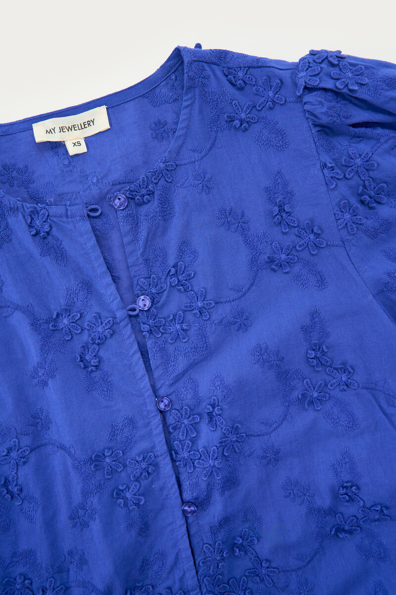 Blue blouse with trumpet sleeves and 3D flowers | My Jewellery