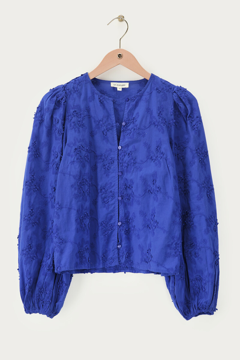 Blue blouse with trumpet sleeves and 3D flowers | My Jewellery