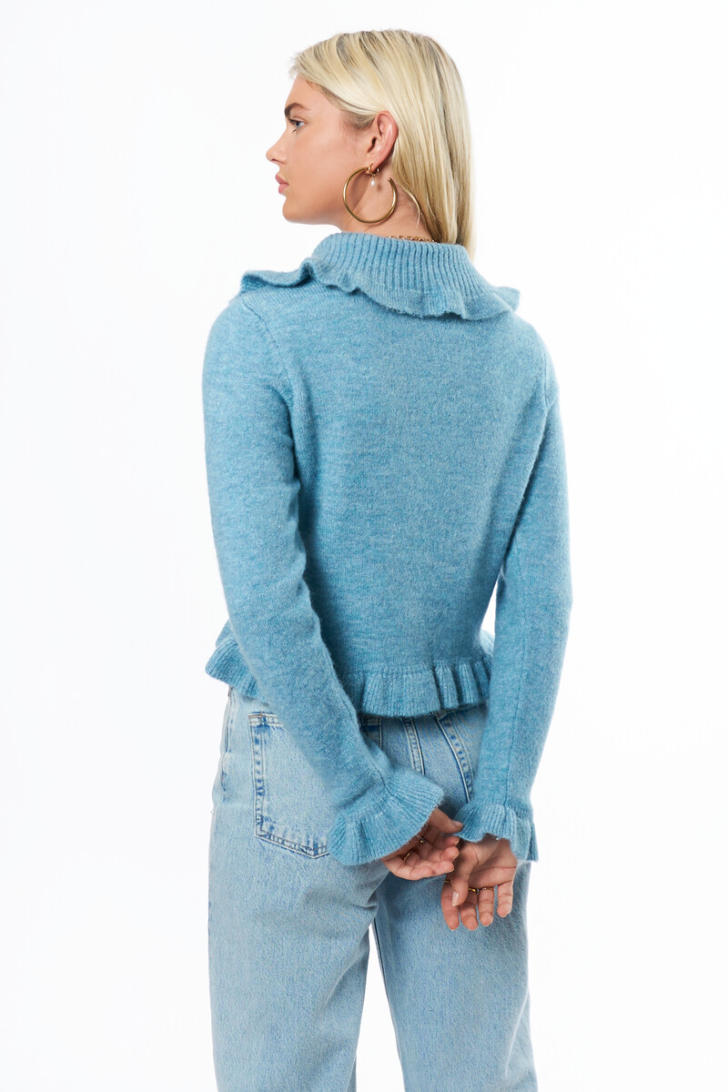 Blue cardigan with ruffle collar | My Jewellery