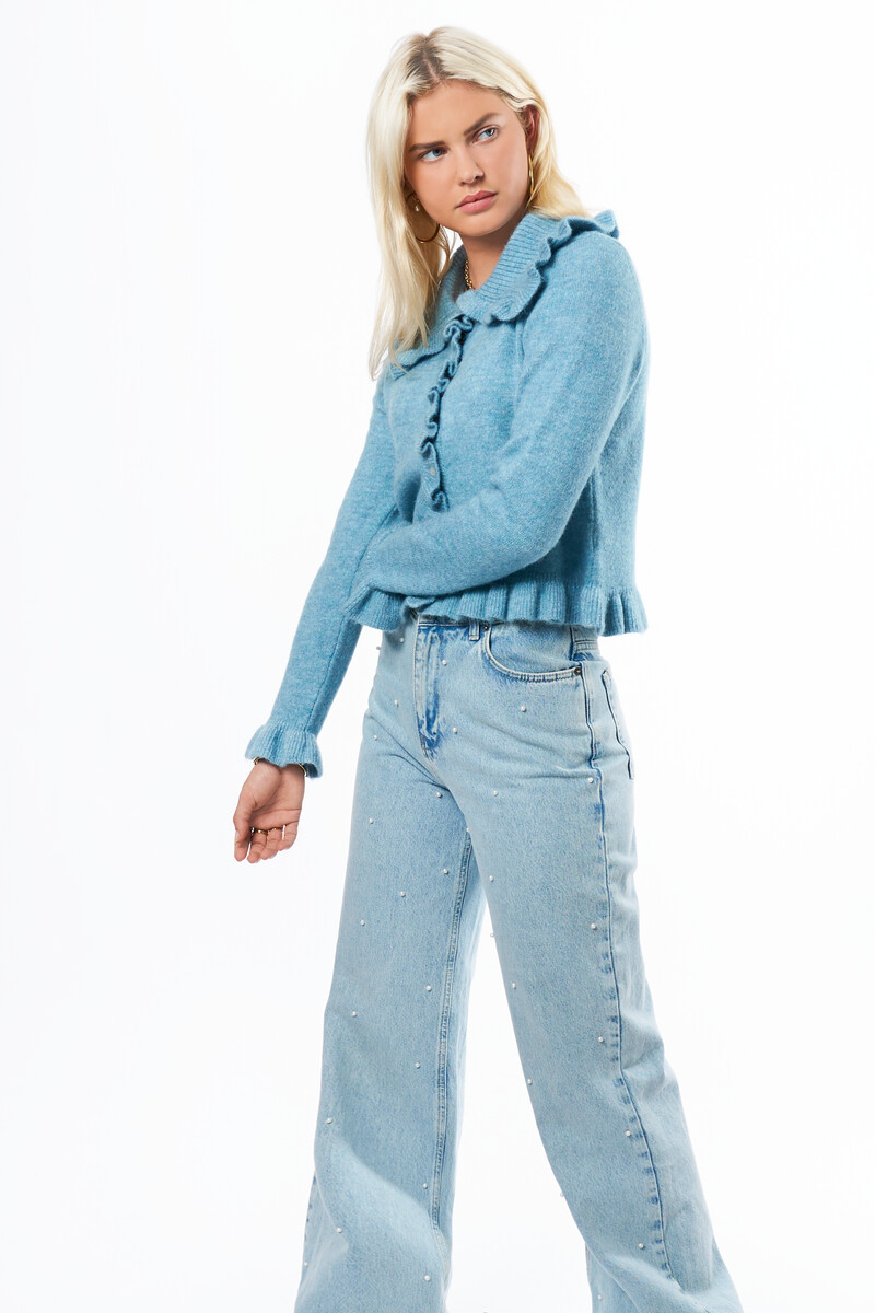 Blue cardigan with ruffle collar | My Jewellery