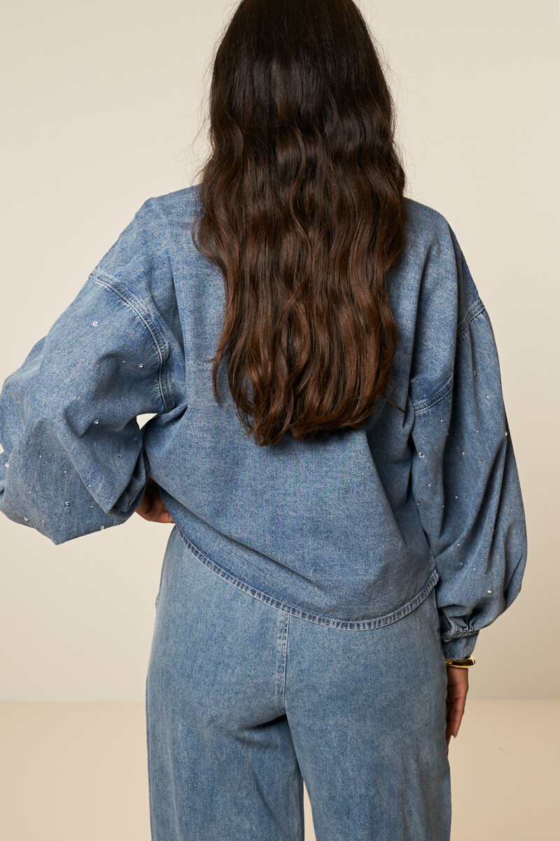 Blue denim long sleeve blouse with rhinestones | My Jewellery