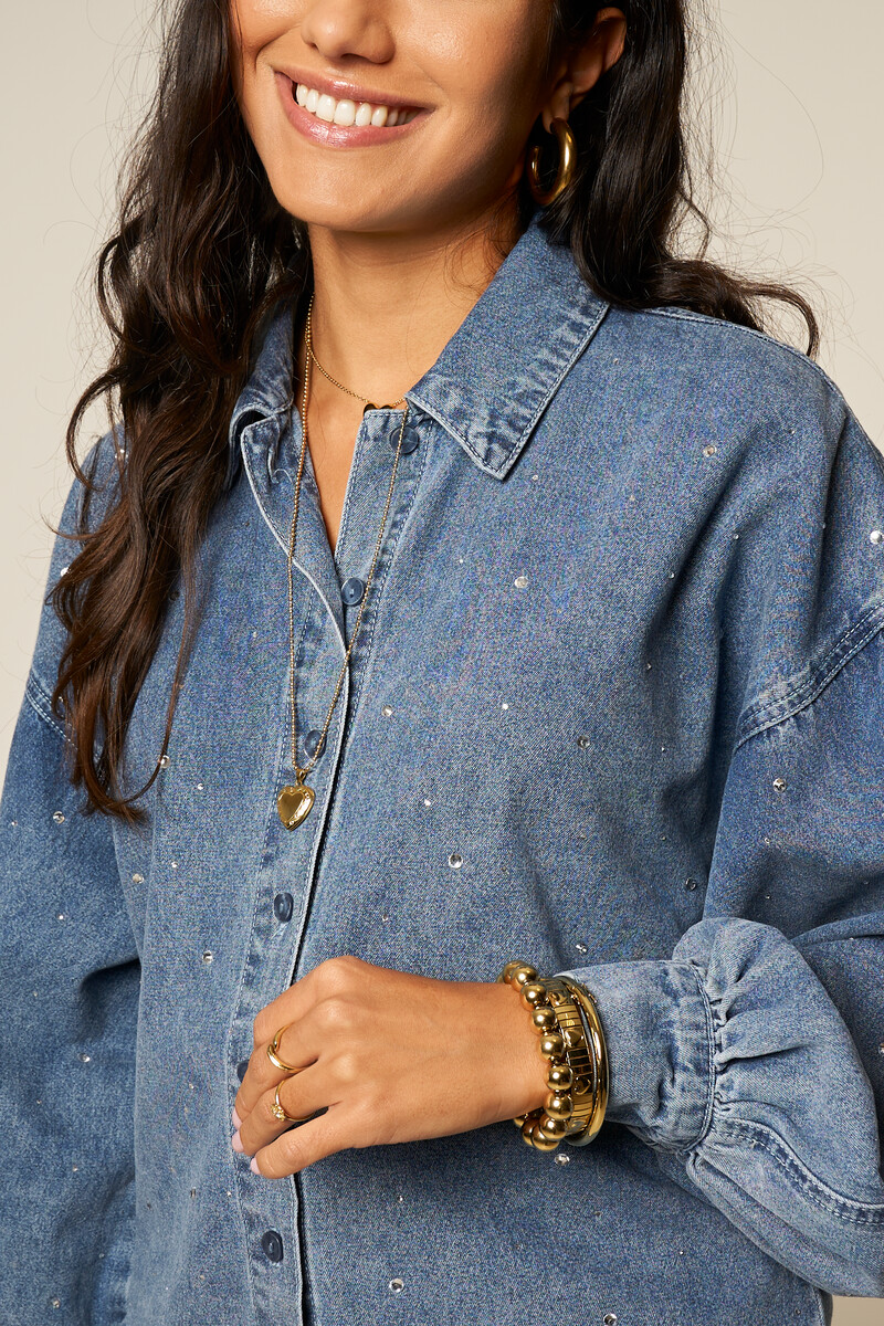 Blue denim long sleeve blouse with rhinestones | My Jewellery