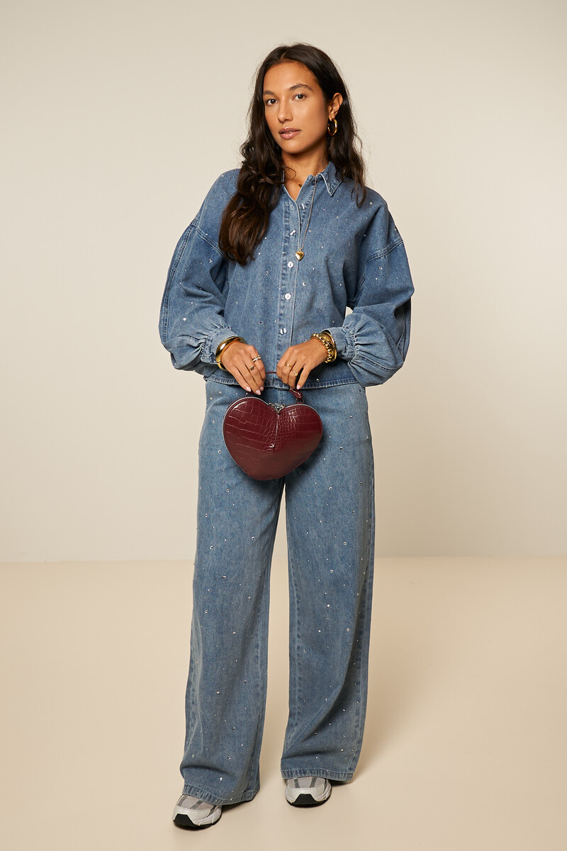 Blue denim long sleeve blouse with rhinestones | My Jewellery