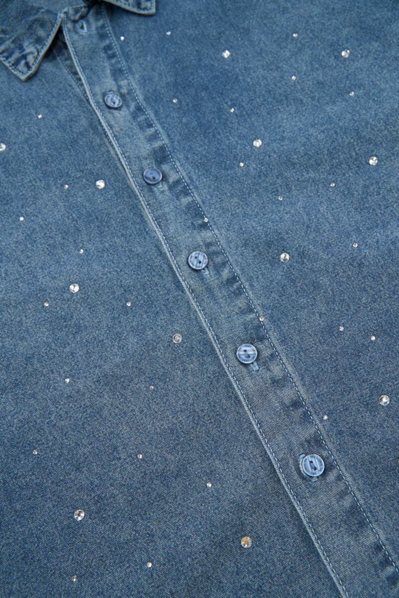 Blue denim long sleeve blouse with rhinestones | My Jewellery
