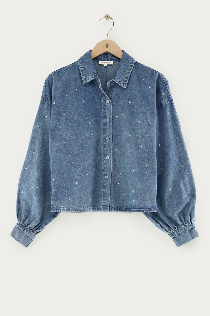 Blue denim long sleeve blouse with rhinestones | My Jewellery