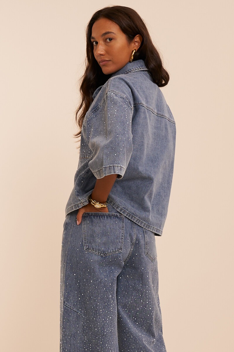 Blue denim blouse with scarf and all-over rhinestones | My Jewellery