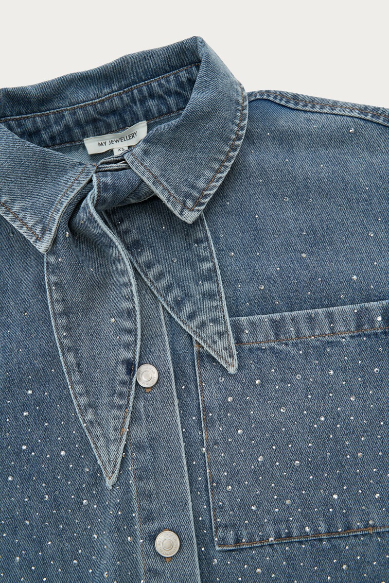 Blue denim blouse with scarf and all-over rhinestones | My Jewellery