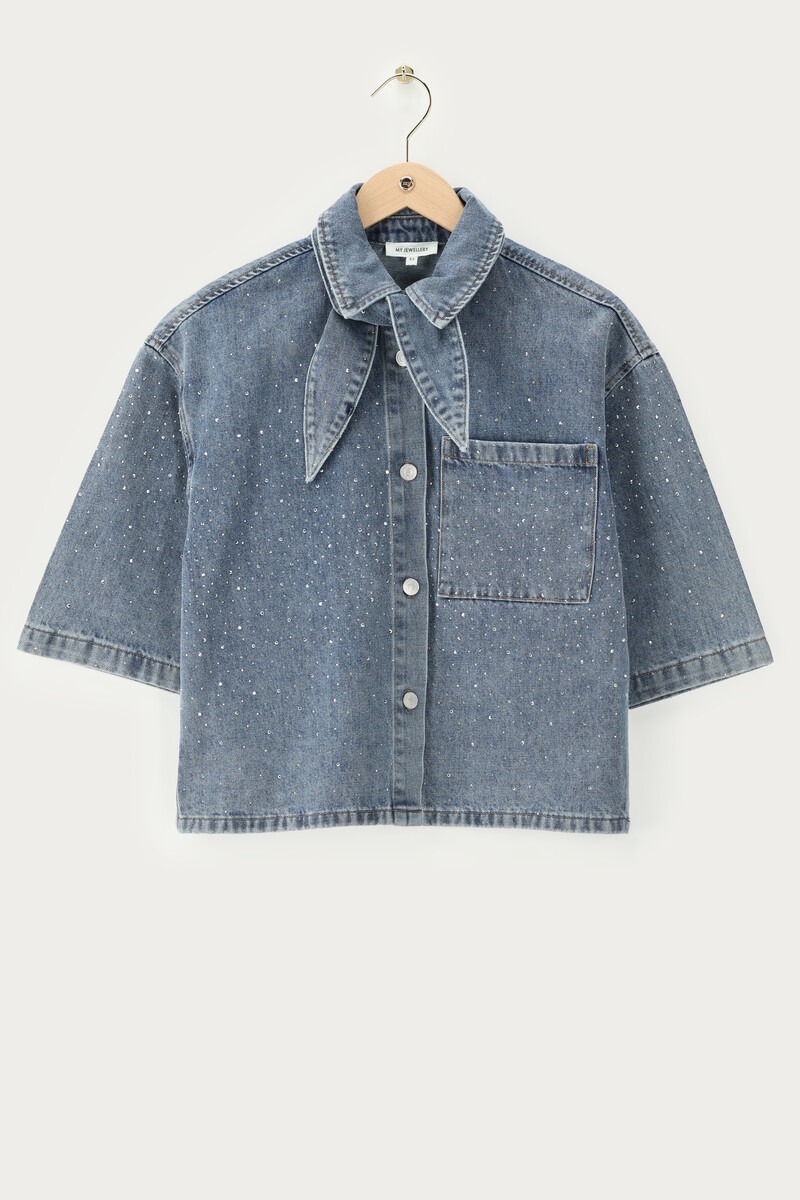 Blue denim blouse with scarf and all-over rhinestones | My Jewellery