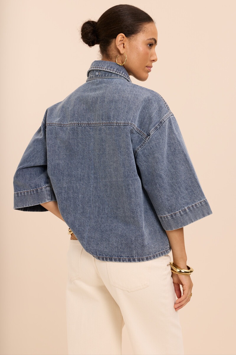 Blue denim blouse with short sleeves and scarf | My Jewellery