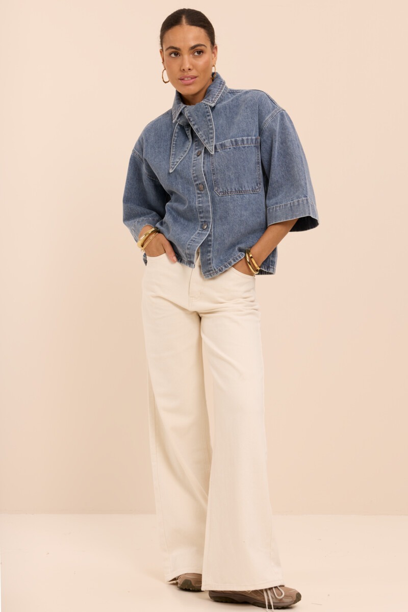 Blue denim blouse with short sleeves and scarf | My Jewellery
