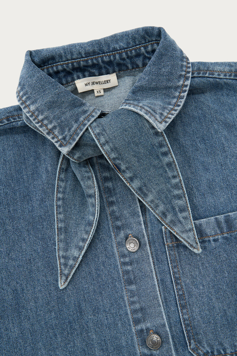 Blue denim blouse with short sleeves and scarf | My Jewellery