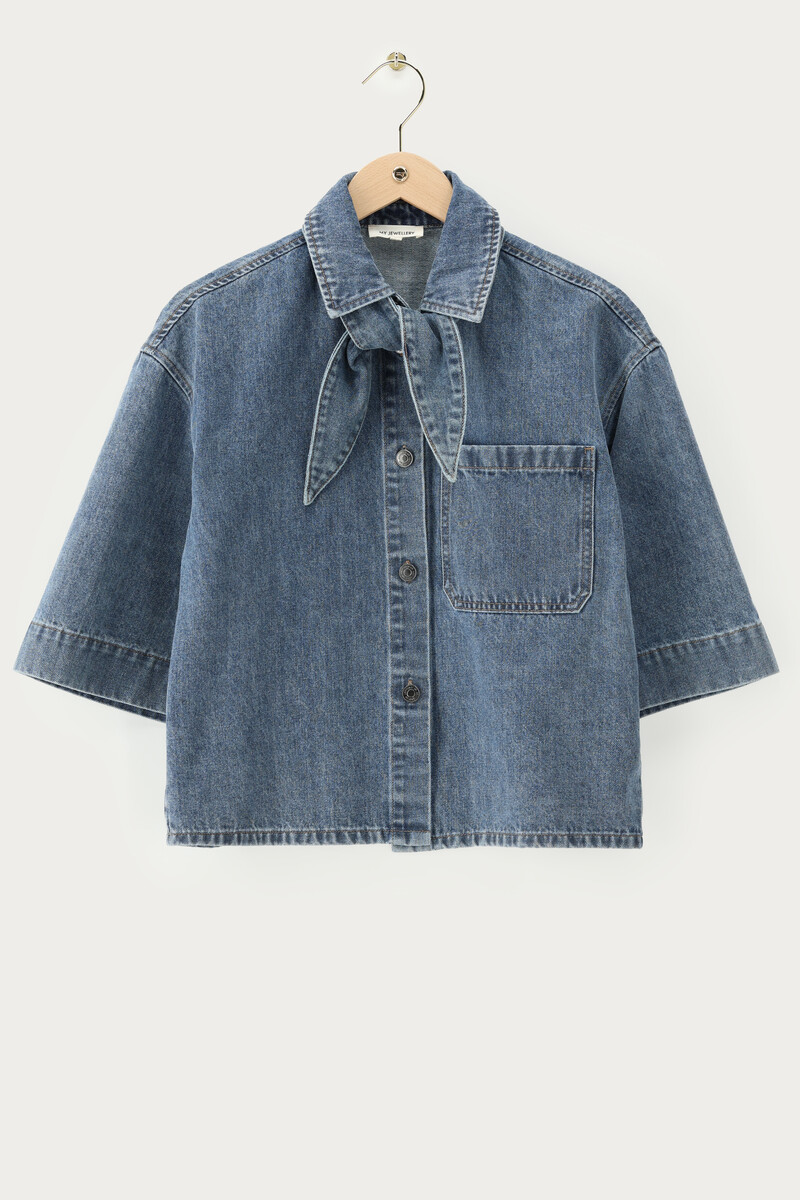 Blue denim blouse with short sleeves and scarf | My Jewellery