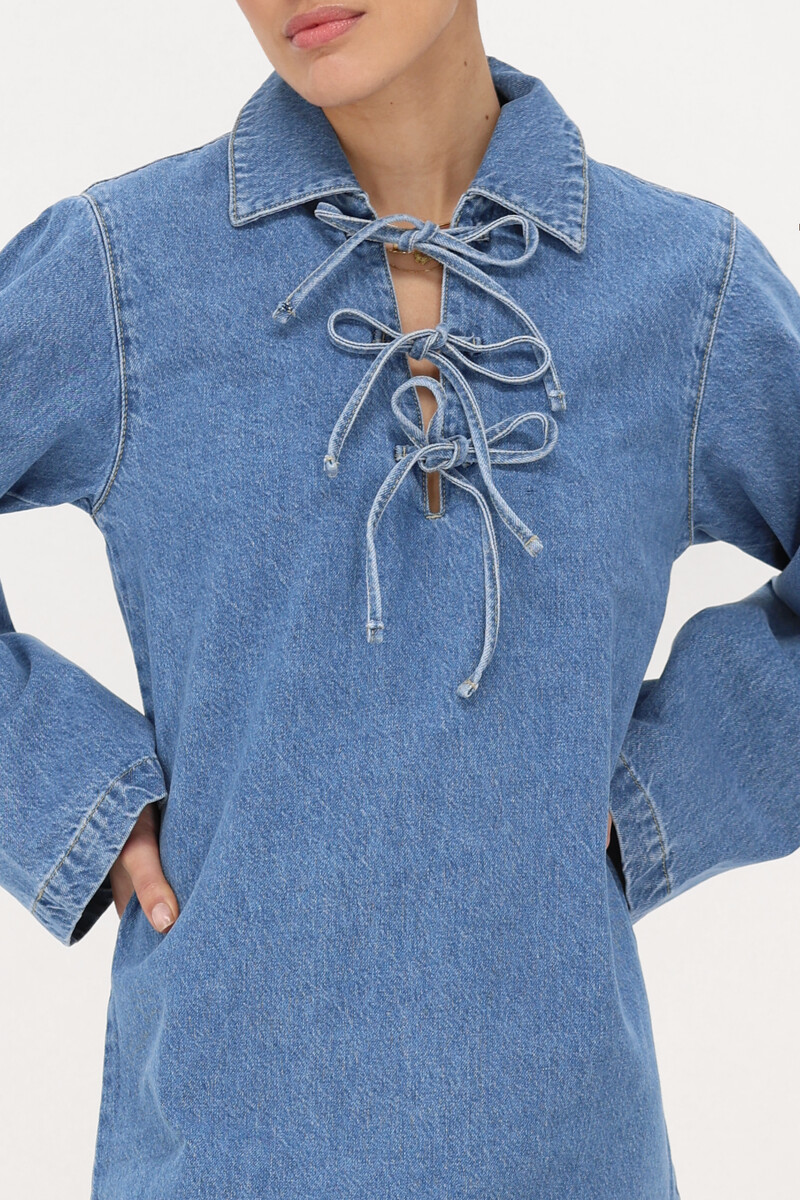 Blue denim dress with flared sleeves and bows | My Jewellery