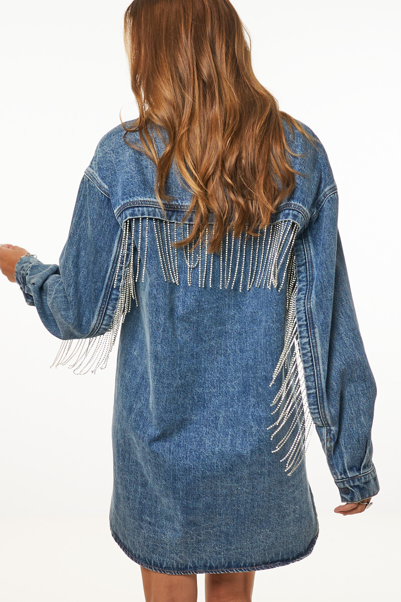 Blue denim dress with rhinestone trims | My Jewellery