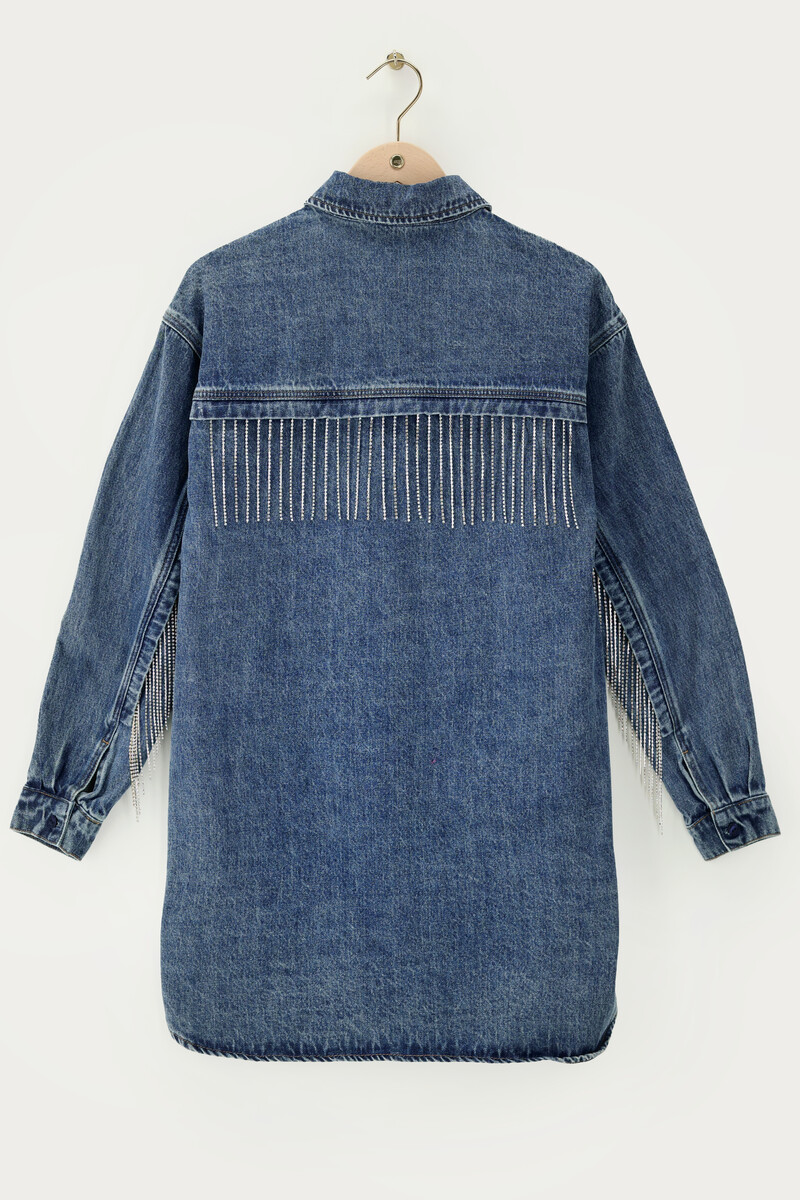 Blue denim dress with rhinestone trims | My Jewellery