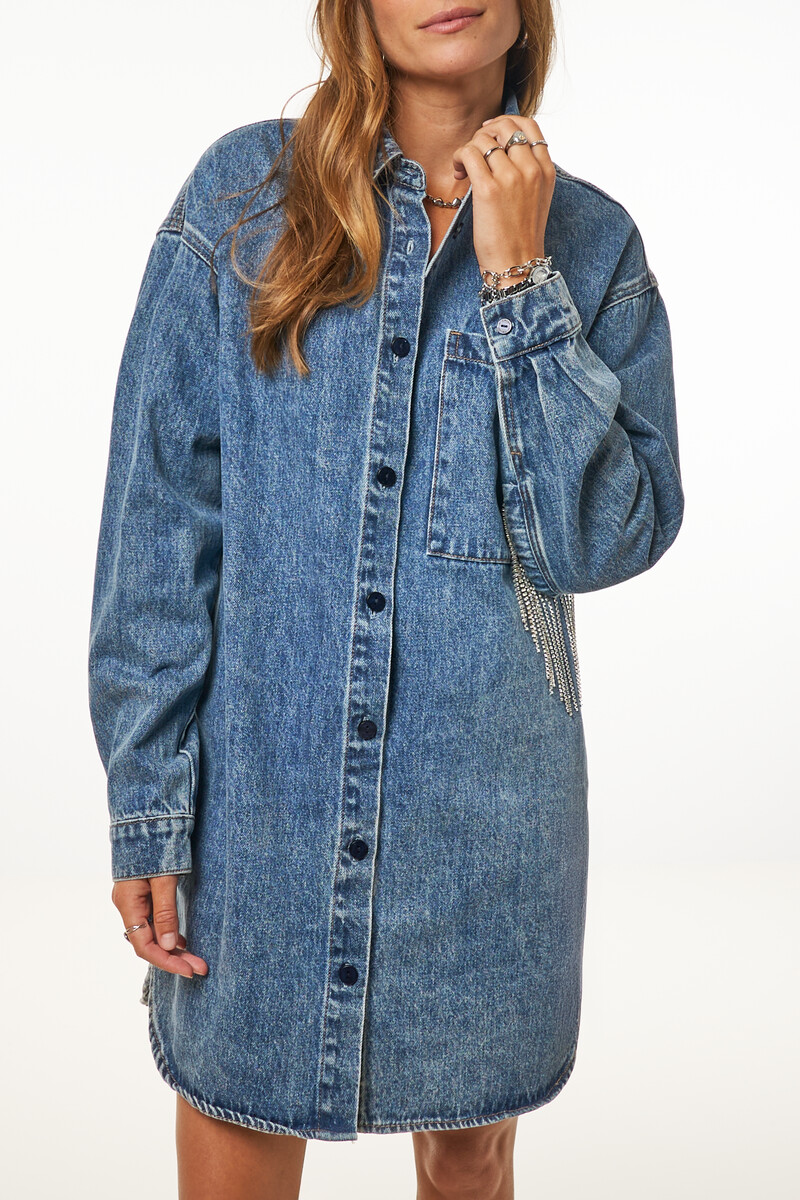 Blue denim dress with rhinestone trims | My Jewellery