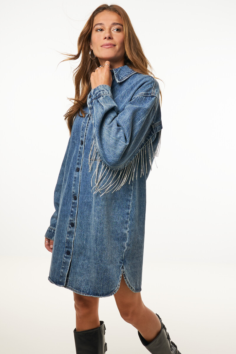Blue denim dress with rhinestone trims | My Jewellery