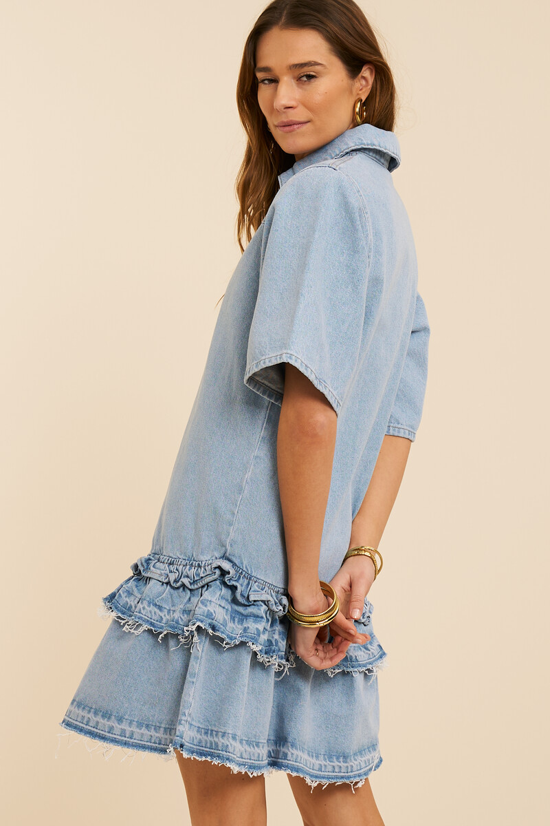 Blue denim dress with short sleeves and ruffles | My Jewellery
